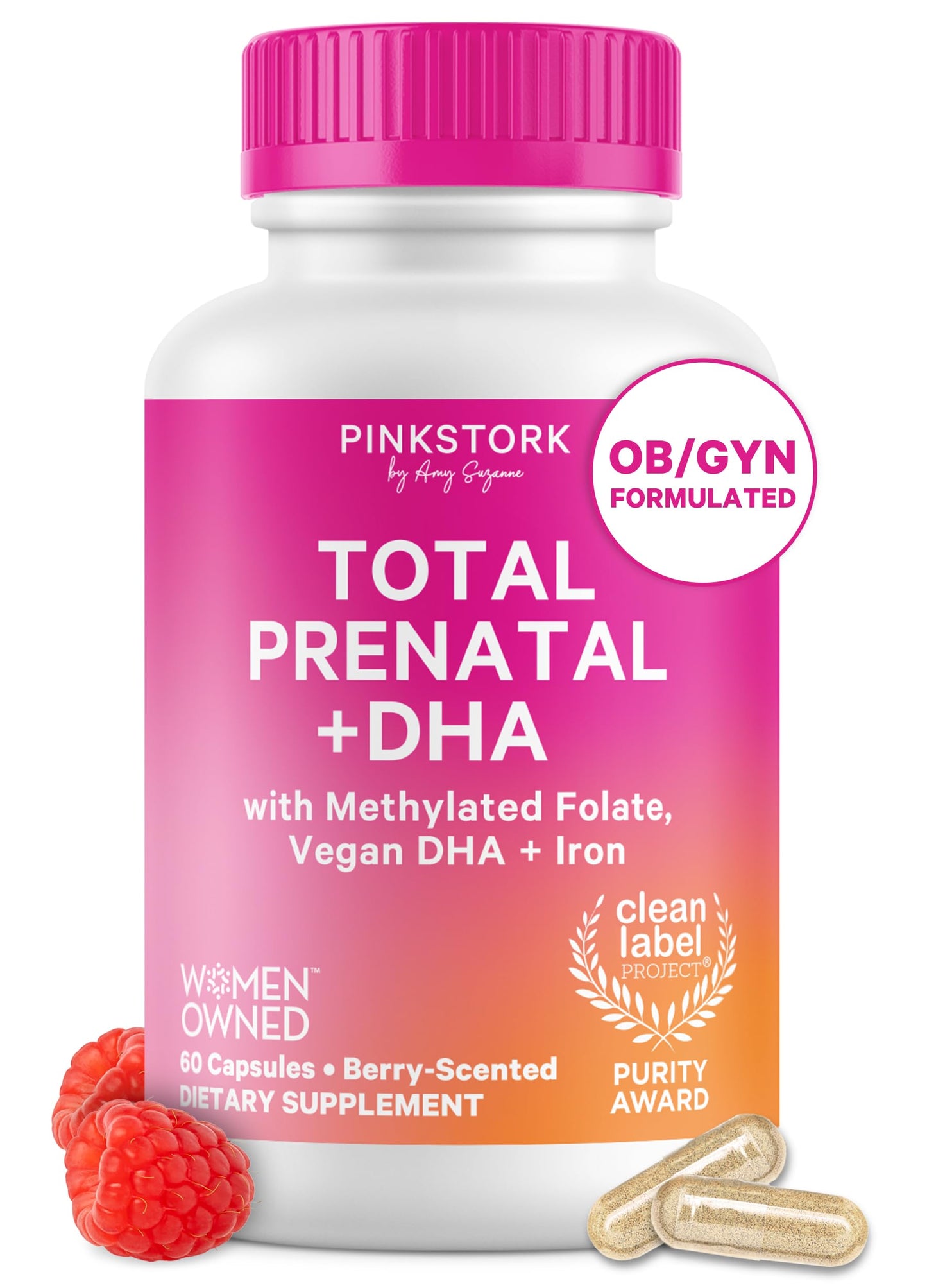 Pink Stork Total Prenatal Vitamins, No Fishy Burps, 60 Capsules, Berry | Clean Label Award, Support Fetal Development, Vegan DHA, Methylfolate, Iron, Choline, Vitamin B12, Pregnancy Essentials,