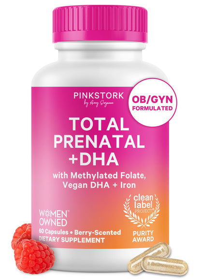 Pink Stork Total Prenatal Vitamins, No Fishy Burps, 60 Capsules, Berry | Clean Label Award, Support Fetal Development, Vegan DHA, Methylfolate, Iron, Choline, Vitamin B12, Pregnancy Essentials,