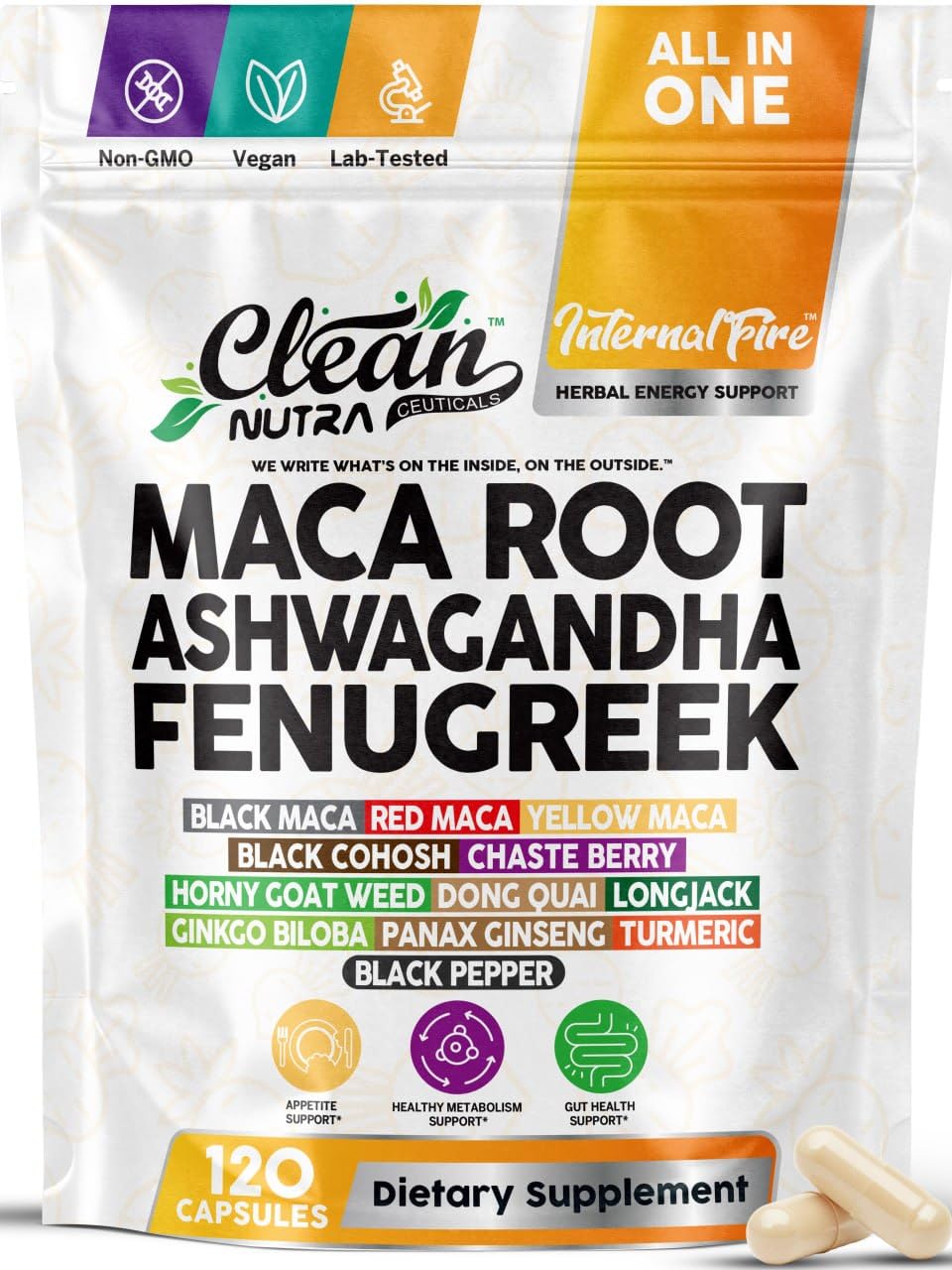 Clean Nutraceuticals Ashwagandha Maca Root Fenugreek Supplement with Tongkat Ali Ginseng - Assists with Stress, Mood & Thyroid - Ashwagandha Capsules Fenugreek Caps
