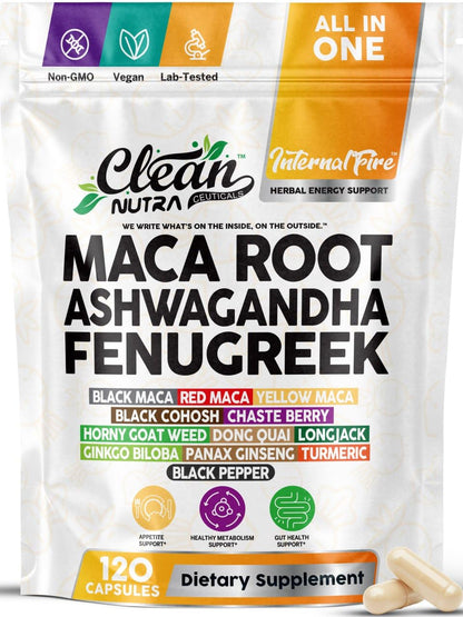 Clean Nutraceuticals Ashwagandha Maca Root Fenugreek Supplement with Tongkat Ali Ginseng - Assists with Stress, Mood & Thyroid - Ashwagandha Capsules Fenugreek Caps