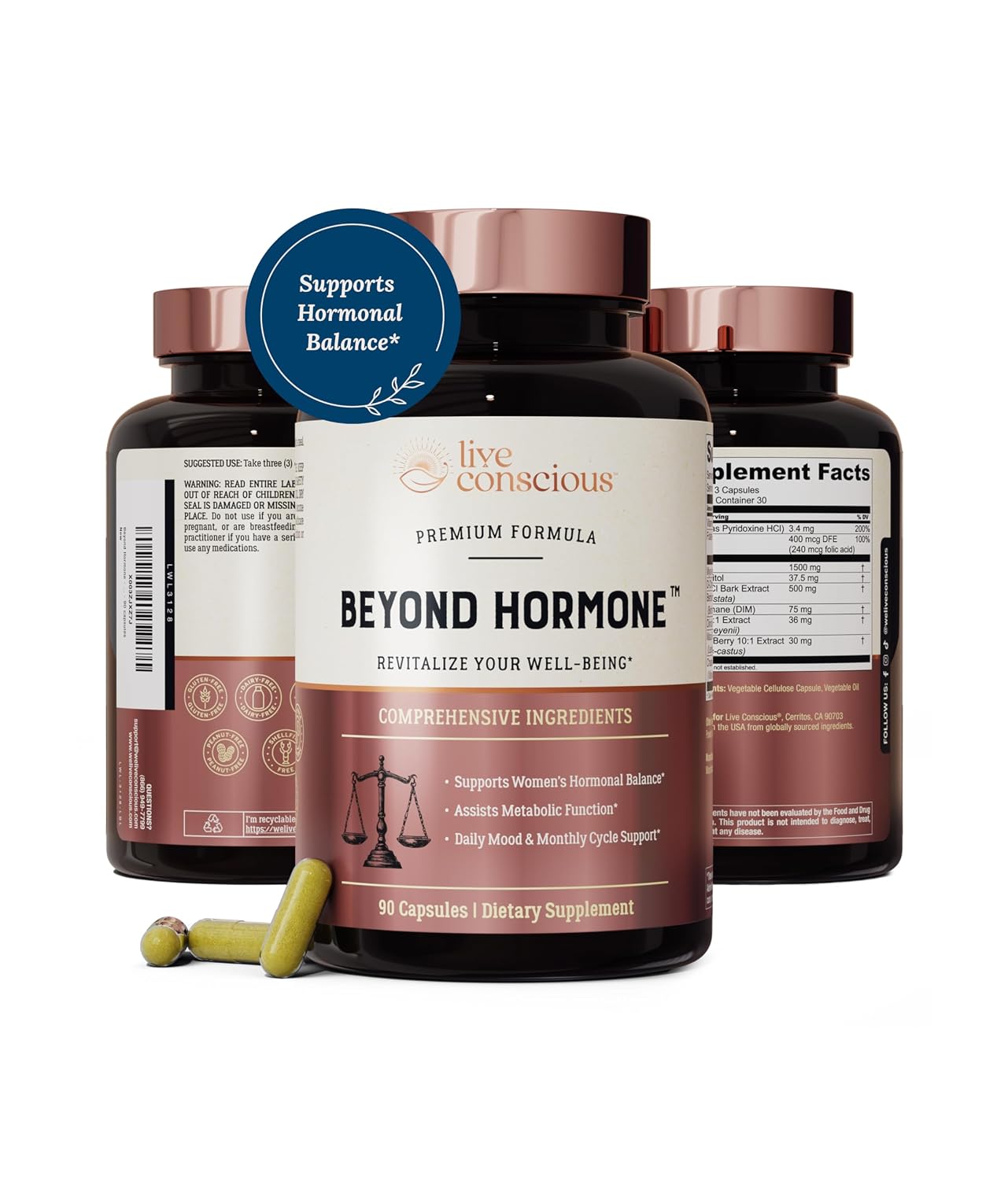 Live Conscious Beyond Hormone Daily Menopause & PMS Supplement - Metabolism Support & Healthy Estrogen Balance for Women - Berberine, DIM, Chaste Tree Berry, Maca Root, Myo & D-Chiro-Inositol - 90 Ct.