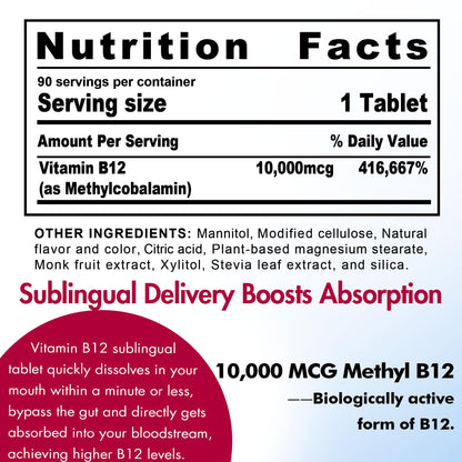 B12 Vitamins 10,000 mcg, Methylated Vitamin B12 Sublingual - Energy Boost, Focus, Metabolism & Brain Health Support, Immune System Support, Fast Dissolve, Natural Strawberry Flavor, 180 Servings