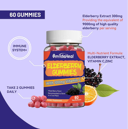 Elderberry Gummies 300mg, with Vitamin C and Zinc, 60 Count | Elderberry Gummies, Elderberry Extract 300mg, with Vitamin C and Zinc, Strawberry Flavor GummiesImmune Support, 60 Count