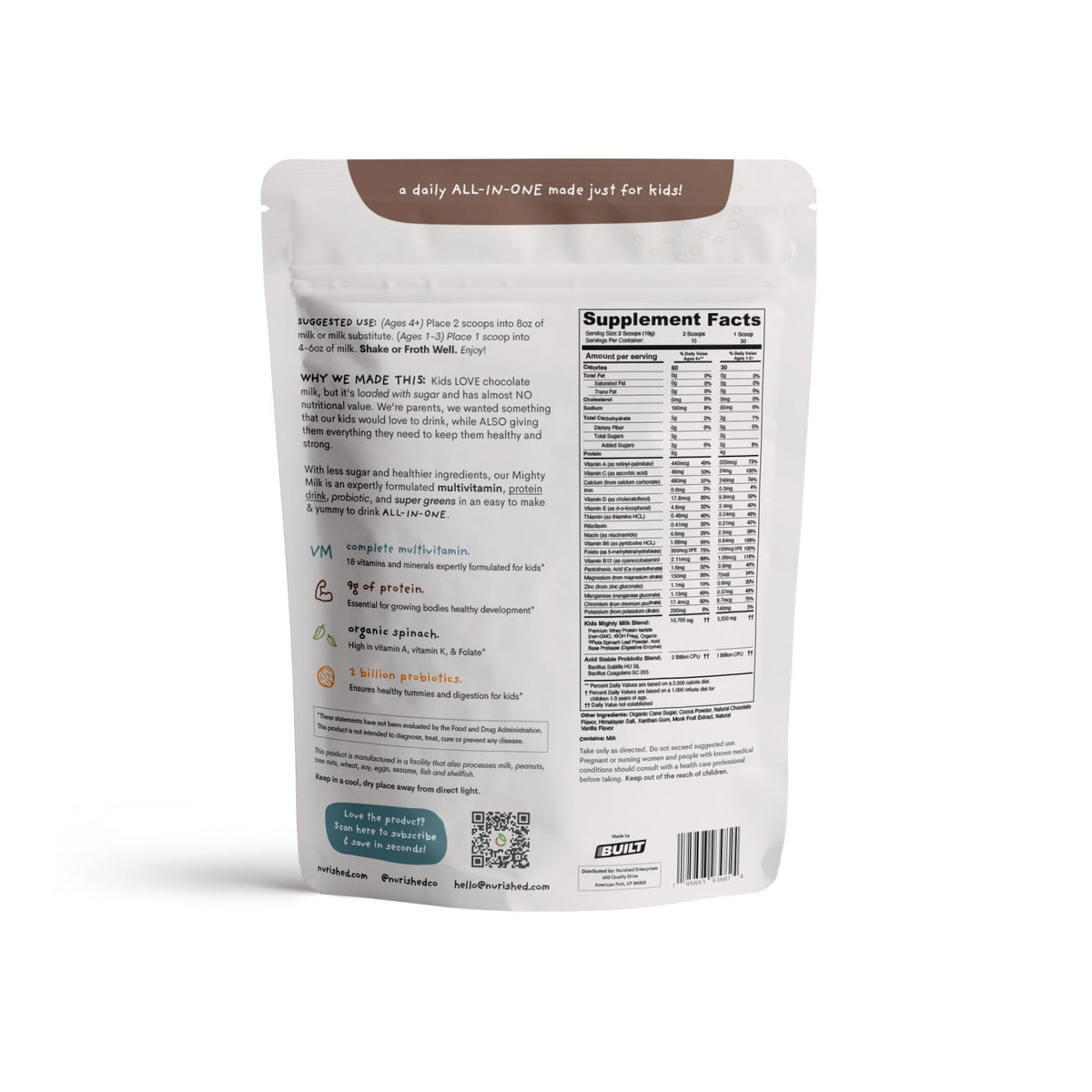 Nurished Mighty Chocolate Milk - Kids Daily Protein Powder Boosted with 2 Billion