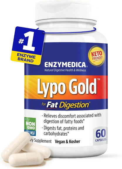 Enzymedica Lypo Gold - Protease, Amylase & Lipase Digestive Enzymes for Women & Men, Enzyme Supplement for Fat Digestion, Gut Health & Gallbladder Support, Helps Gas & Bloating, Gluten Free - 60 Caps