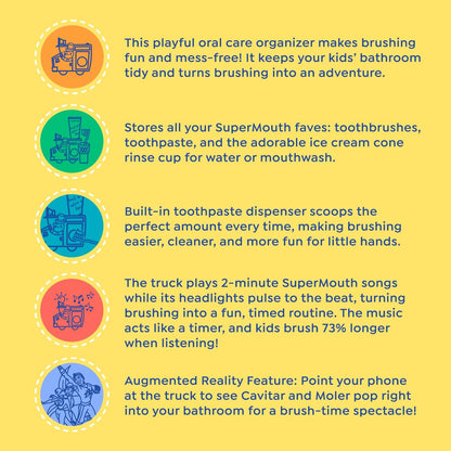 SuperMouth Kids Oral Care Bundle – Ice Cream Truck Organizer with Toothpaste Dispenser, Music & Lights + Fluoride Toothpaste with Nano Hydroxyapatite, Safe & Fun for Kids, Vanilla