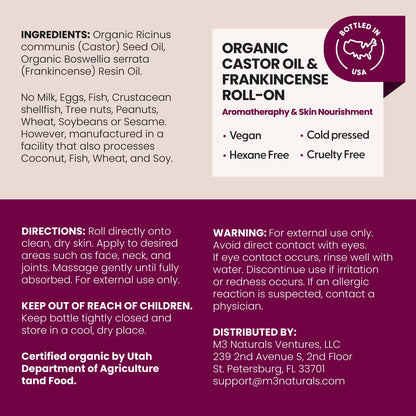 Organic Castor Oil Roll On - Extra Virgin, Unrefined & Hexane-free (3oz)