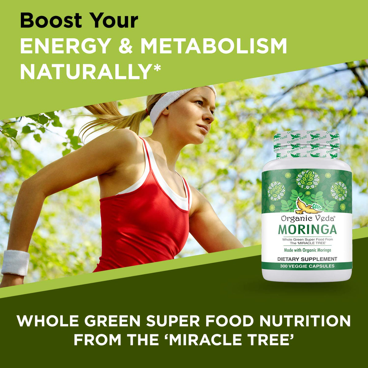 Organic Veda Moringa Leaf Capsules 1500mg, 300 Count - Pure Raw Moringa Oleifera