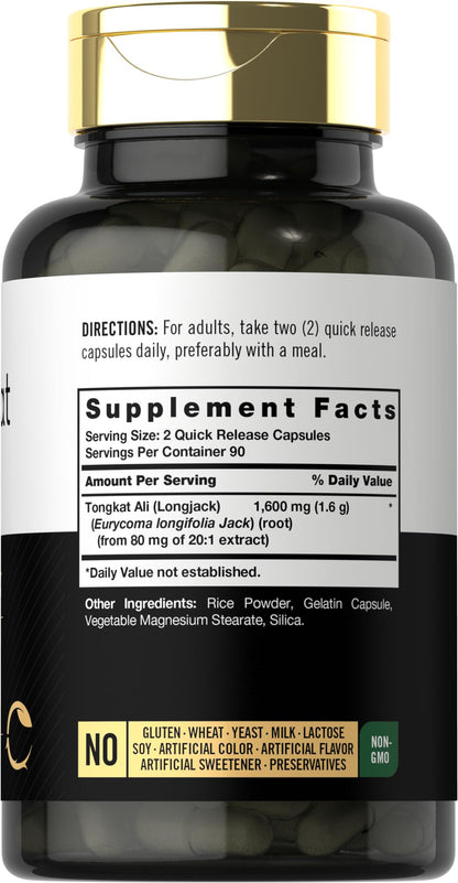 Carlyle Tongkat Ali | 180 Quick Release Capsules | 1,600mg | Non-GMO and Gluten Free
