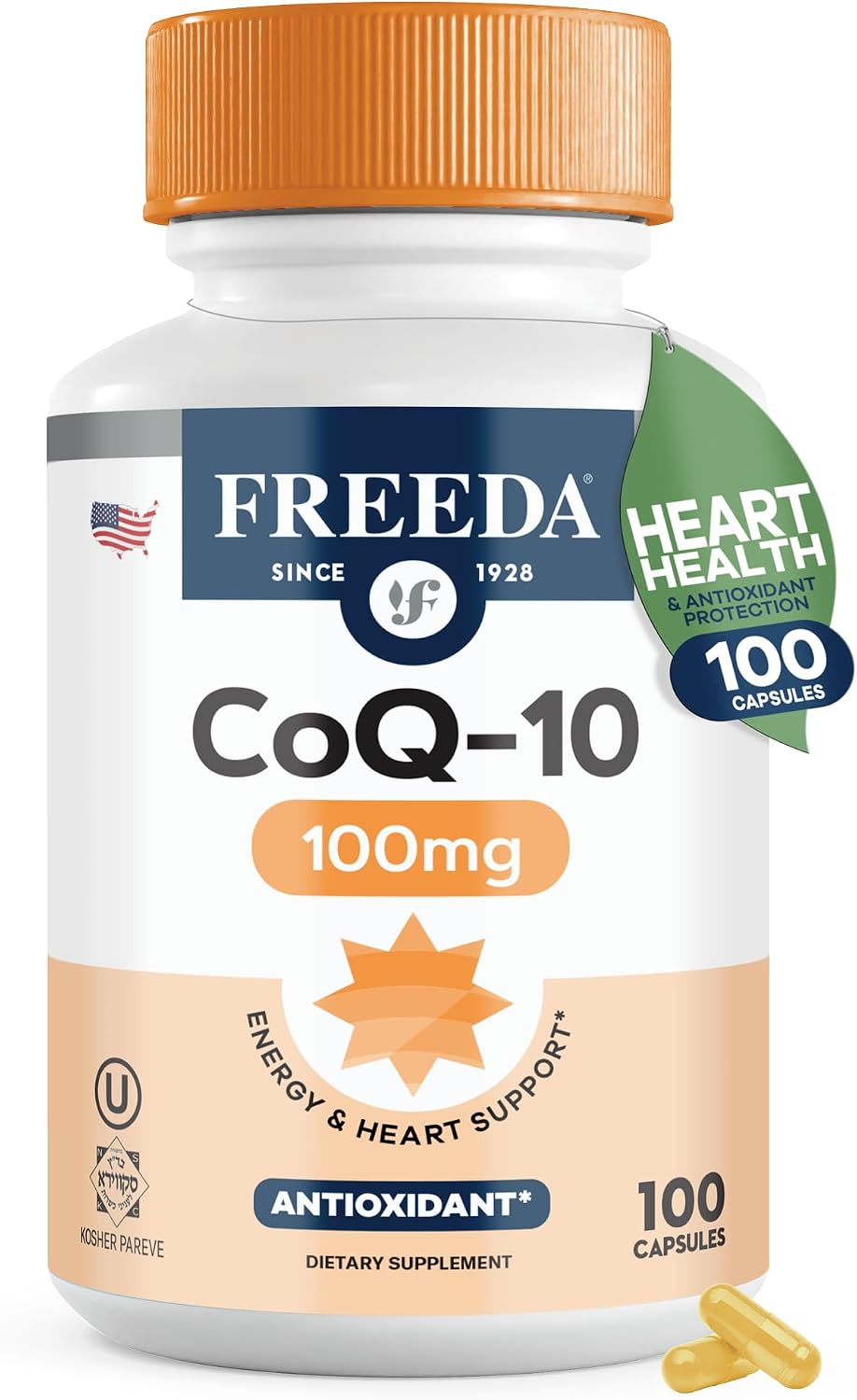 FREEDA CoQ10 100mg - Kosher Coenzyme Q10 Dietary Supplement for Cardiovascular Heart Health, Blood Pressure Support, Oral Gum Health, and Healthy Aging - Pure CoQ10 Capsules, 100 Count | Supports Oral Gum Health, Immune Support, & Healthy Aging – Pure Ant
