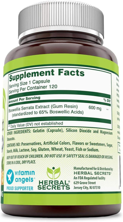 Herbal Secrets Boswellia Serrata Extract (65% Boswellic Acids) 600 mg 120 Capsules Supplement - Non-GMO - Gluten Free