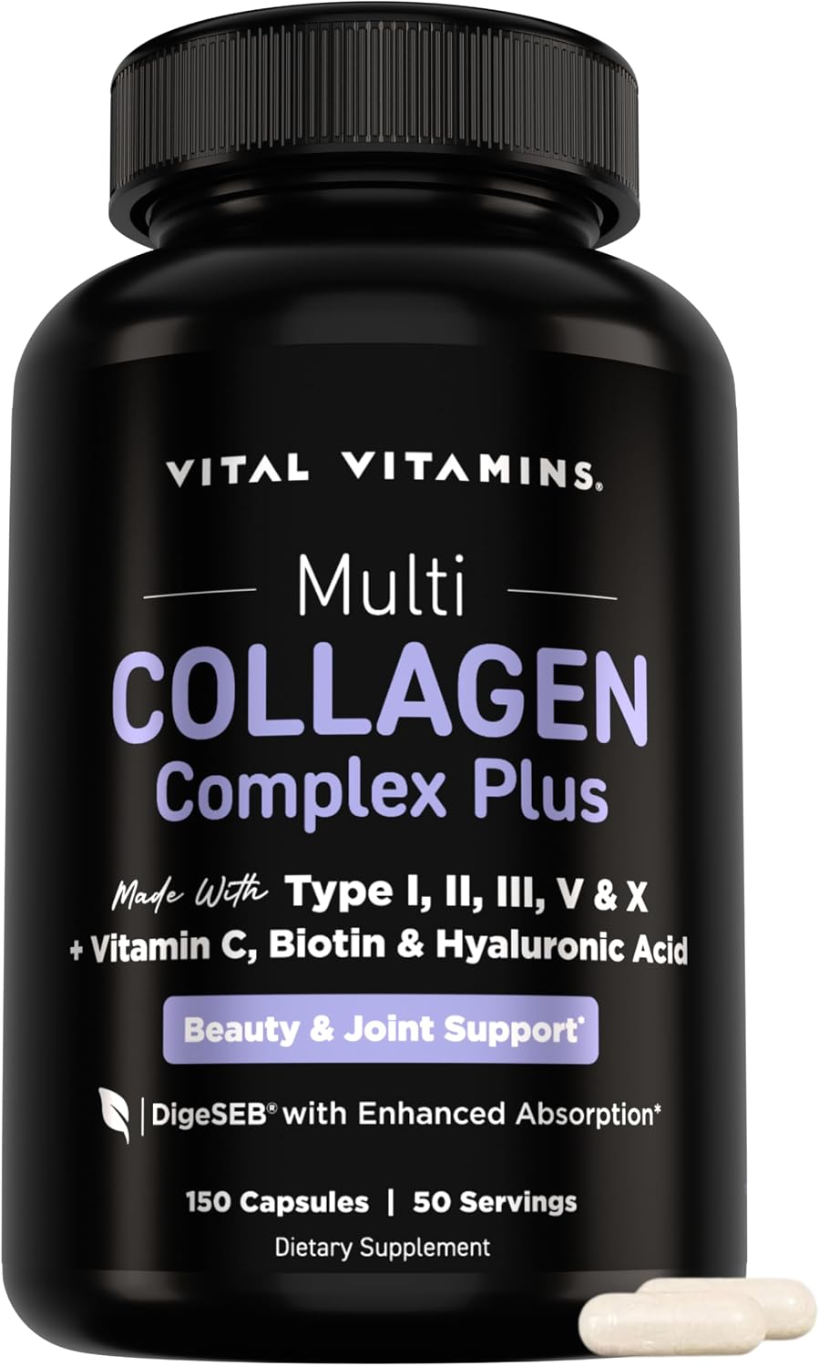 Vital Vitamins Multi Collagen Complex Plus Biotin, Hyaluronic Acid & VIT. C | Hair, Skin, & Nails Supplements for Women and Men, 5 Collagen Types I II III V & X, 150 Capsules
