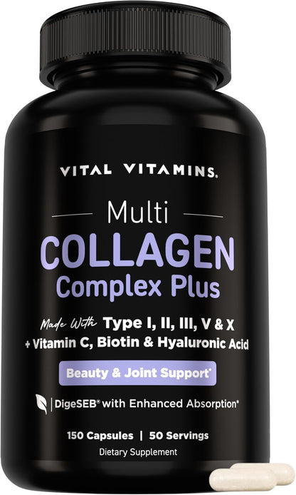 Vital Vitamins Multi Collagen Complex Plus Biotin, Hyaluronic Acid & VIT. C | Hair, Skin, & Nails Supplements for Women and Men, 5 Collagen Types I II III V & X, 150 Capsules