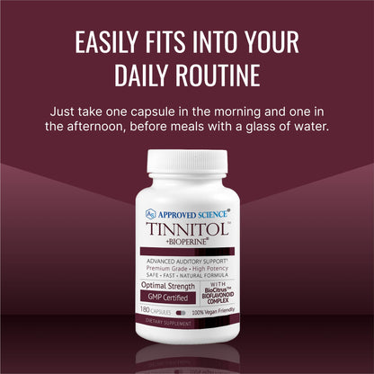 Approved Science Tinnitol - Tinnitus Support Supplement - Ease Ringing in The Ears - Boost Inner Ear Health - 60 Capsules - Made in The USA