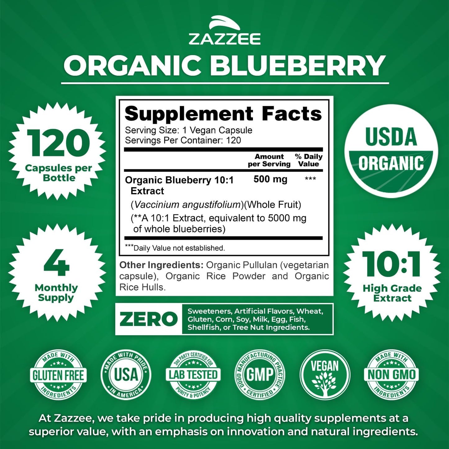 Zazzee USDA Organic Blueberry 10:1 Extract, 120 Vegan Capsules, 4 Month Supply, Whole Fruit, Vaccinium Angustifolium, Antioxidant & Cellular Health Support, Herbal Supplement, Non-GMO, Made in the USA
