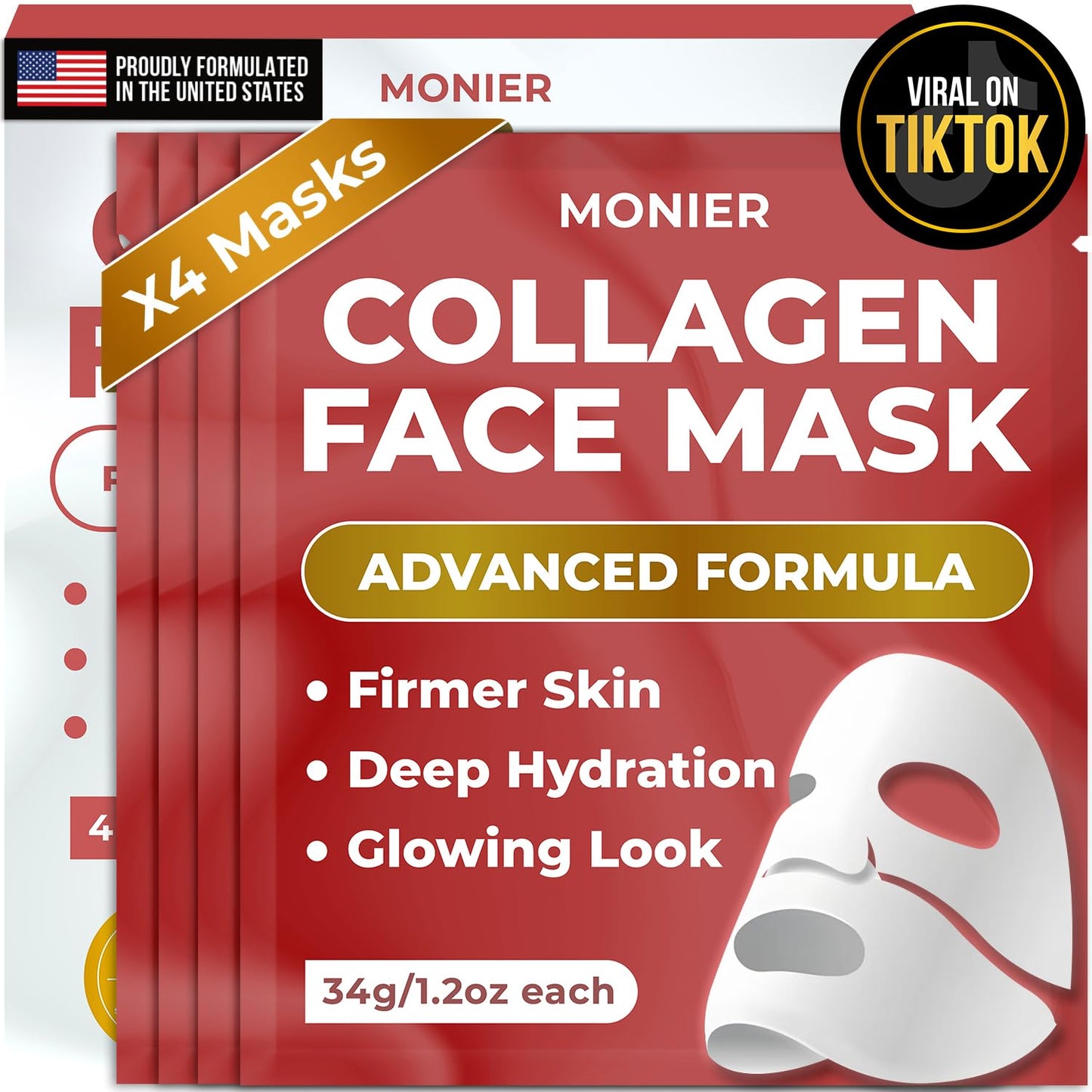 MONIER Collagen Face Mask | Bio-Collagen Real Deep Mask | Overnight Sheet Mask For Glass Skin, Facial Beauty Korean Skin Care, For Dry & Sensitive Skin (4 Pack)
