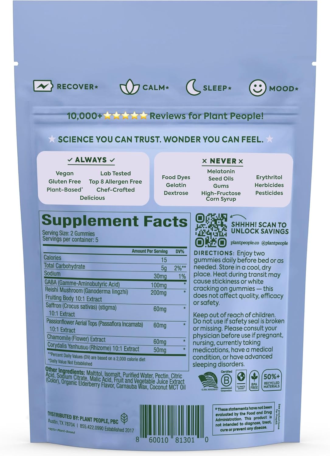 Plant People WonderSleep Mushroom Gummies Supplement for Sleep, Trial Size