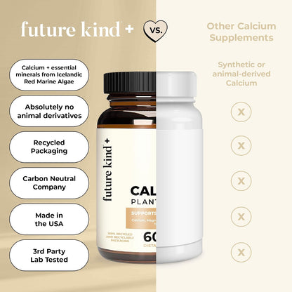 Future Kind Vegan Calcium Supplement - Plant-Based Calcium Magnesium Supplement Sourced from Iceland for Teeth & Bone Support (60 Capsules)
