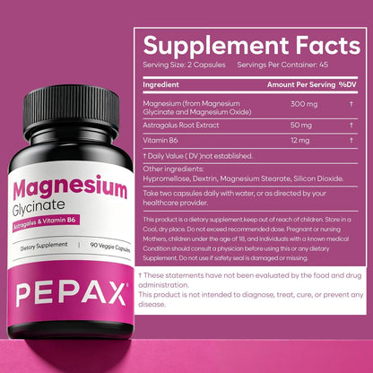Magnesium Glycinate Supplement 300mg Elemental Magnesium Complex for Women with Vitamin B6 & Astragalus, 90 Capsules, Vegan, Non-GMO, Gluten-Free, 45-Day Supply, Made in USA
