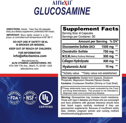 ALFA VITAMINS ALFLEXIL Glucosamine, Chondroitin & Collagen Supplement, Gluten Free, Supports Joints, Bones & Knees, Includes MSM & Hyaluronic Acid for Mobility & Joint Health, 120 Capsules