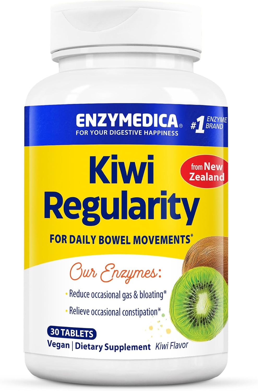 Enzymedica Kiwi Regularity - Bowel Movement Supplement for Women & Men, Occasional Constipation Support, Reduces Gas & Bloating, Daily Digestion & Gut Health Support for Adults - 30 Chewable Tablets