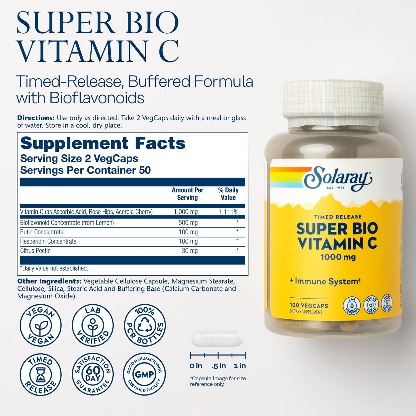 SOLARAY Super Bio Vitamin C 1000mg, Buffered, Two-Stage Timed Release with Bioflavonoids, Immune Support Supplement, High Absorption, Vegan, 60-Day Guarantee – 250 VegCaps