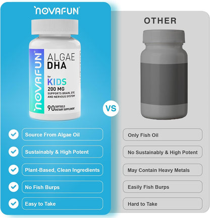 Algal Sourced Omega-3 & DHA Softgels for Kids, Brain, Eye and Heart Health, Cognitive & Immune Function, Learning, Social Development - Non-GMO - 200 mg - 45 Day Supply - 90 ct