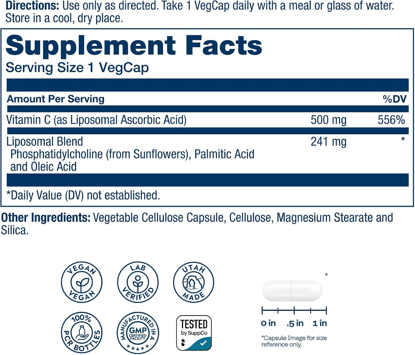 SOLARAY Liposomal Vitamin C 500mg - Enhanced Absorption Vitamin C Liposomal Blend with Fatty Acids - Antioxidant and Immune Support Supplement - Vegan, 60-Day Guarantee, 100 Servings, 100 VegCaps