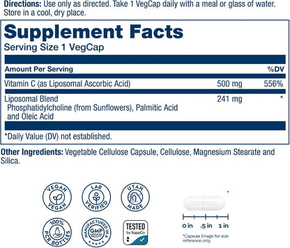 SOLARAY Liposomal Vitamin C 500mg - Enhanced Absorption Vitamin C Liposomal Blend with Fatty Acids - Antioxidant and Immune Support Supplement - Vegan, 60-Day Guarantee, 100 Servings, 100 VegCaps