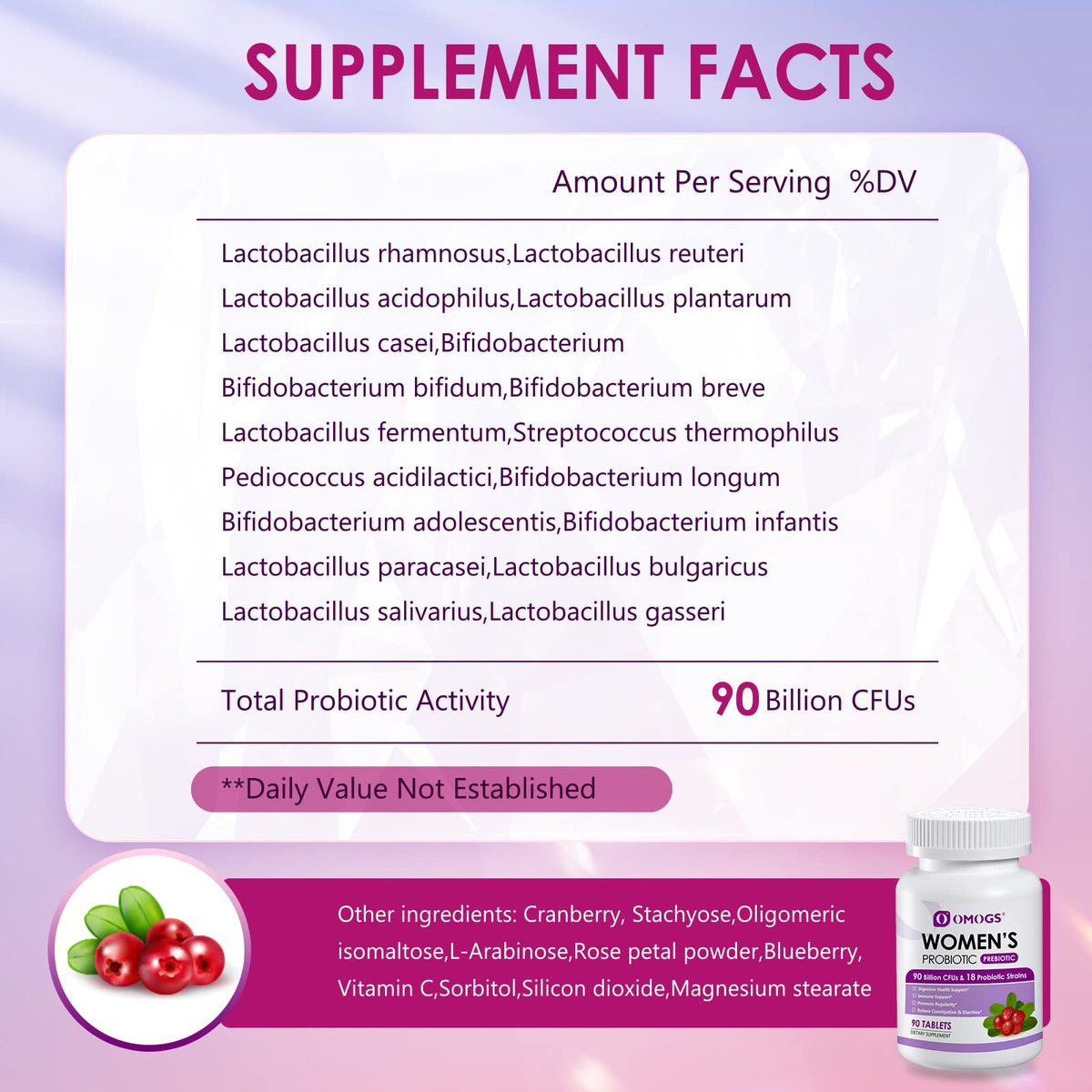 OMOGS Women's Probiotic,with Cranberry Extract and Organic Prebiotics,90 Billion CFUs