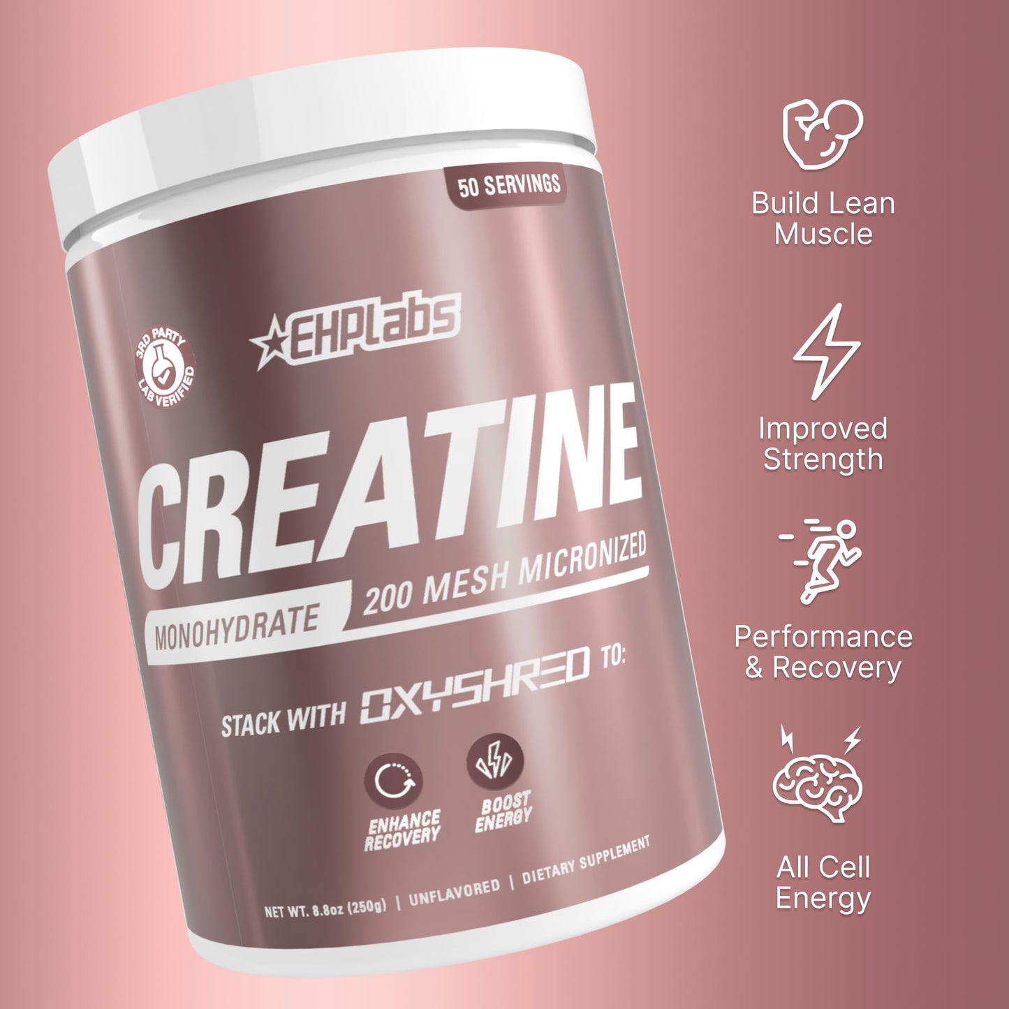 EHP Labs CREA-8 Creatine Monohydrate Powder, Unflavored, 100 Servings | Micronized Creatine For Muscle Growth, Strength & Energy. Mixes Easily, No Clumping. Pre Or Post Workout. 500g