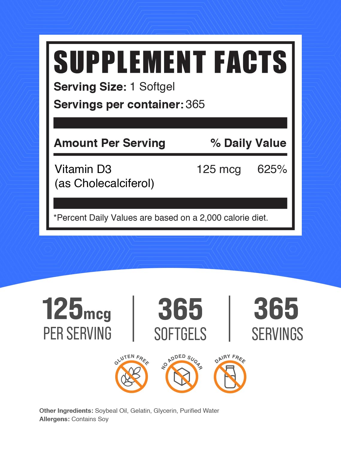 BulkSupplements.com Vitamin D3 5000IU Softgels - Cholecalciferol, D3 Supplement, Vitamin D 5000 IU - 1 Vitamin D3 Softgel (125mcg of Vitamin D) per Serving, 500 Count (Pack of 1)