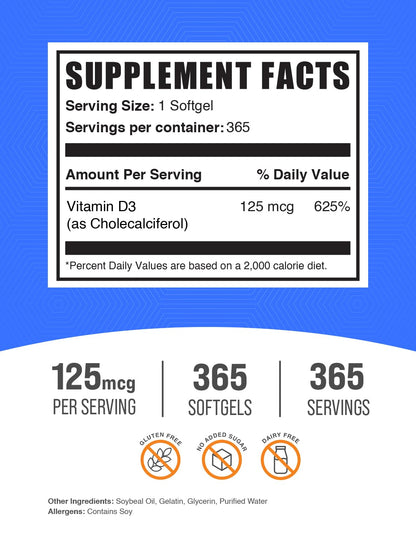 BulkSupplements.com Vitamin D3 5000IU Softgels - Cholecalciferol, D3 Supplement, Vitamin D 5000 IU - 1 Vitamin D3 Softgel (125mcg of Vitamin D) per Serving, 500 Count (Pack of 1)