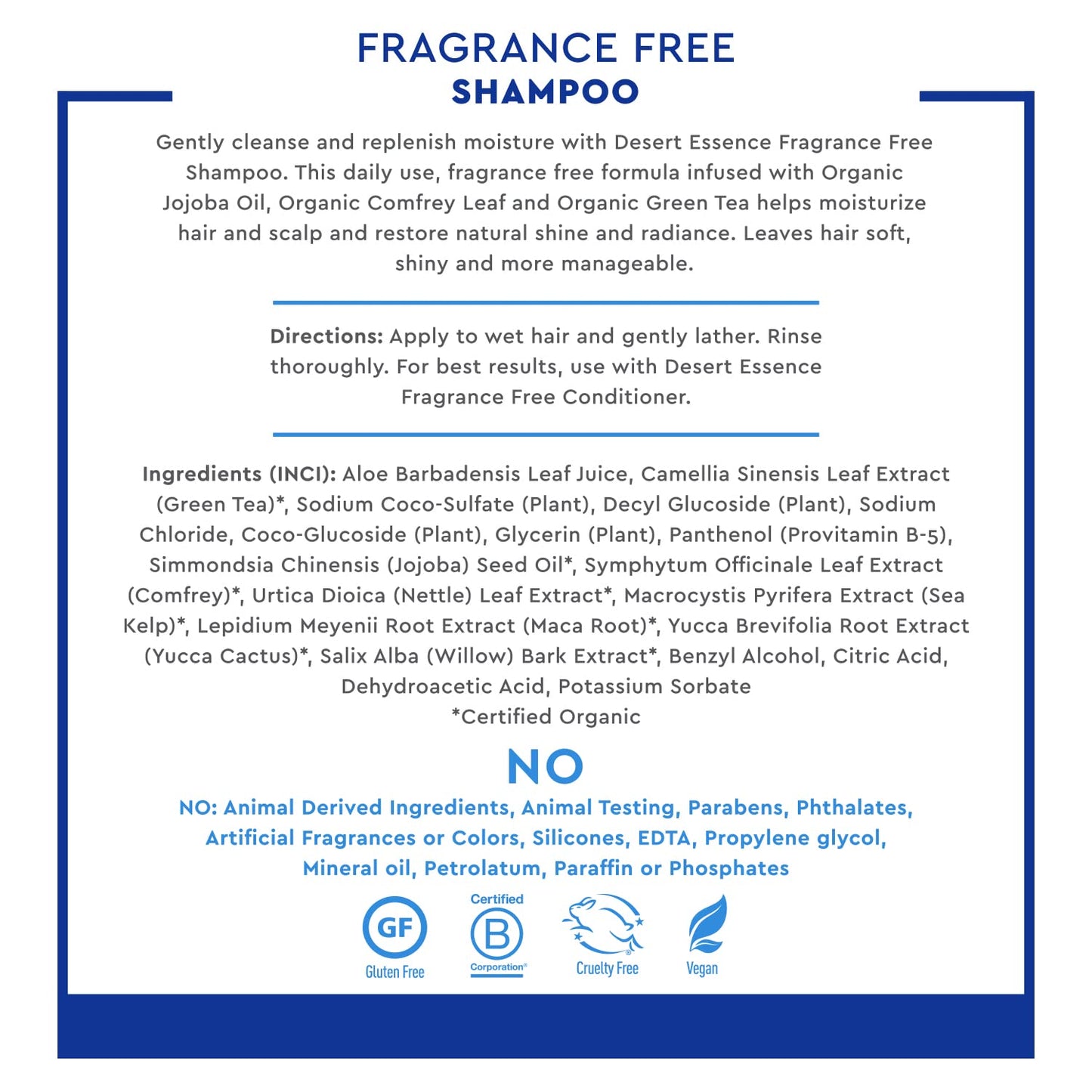 Desert Essence Fragrance Free Shampoo – 8 fl oz – Unscented Gentle Cleanser with Jojoba Oil, Green Tea & Comfrey – Softens & Strengthens Hair, Adds Shine – For Sensitive Scalps