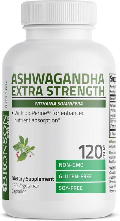 Bronson Ashwagandha Extra Strength Stress & Mood Support 120 Capsules | Vegetarian, Non-GMO, Gluten-Free, Soy-Free, BioPerine for High Absorption