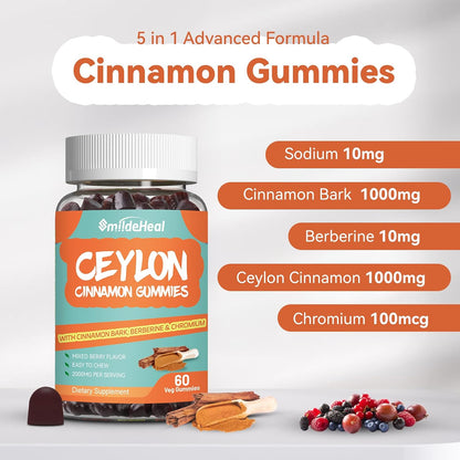 Sugar Free Ceylon Cinnamon Gummies 2000MG, Cinnamon Supplement with Chromium and Cinnamon Bark, Vegan, Non-GMO, Gluten Free, 60 Gummies