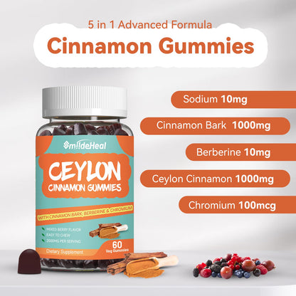 Sugar Free Ceylon Cinnamon Gummies 2000MG, Cinnamon Supplement with Chromium and Cinnamon Bark, Vegan, Non-GMO, Gluten Free, 60 Gummies