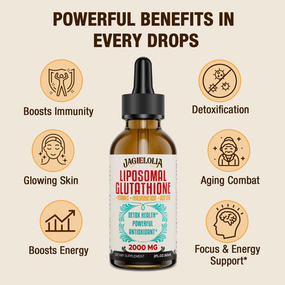 Jagielolia 2000MG Liposomal Glutathione Liquid, Made in The USA, Reduced Glutathione Supplement, Enhanced Absorption, Non-GMO, Powerful Antioxidant for Immune System, Energy, Aging Defense, 2 Floz
