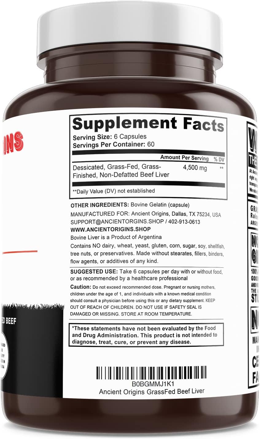Ancient Origins Grass Fed Beef Liver Two Month Supply, Supports Energy Production, Cleansing, Digestion, Immunity and Full Body Wellness, Non GMO, Freeze Dried Liver Supplement, 360 Capsules