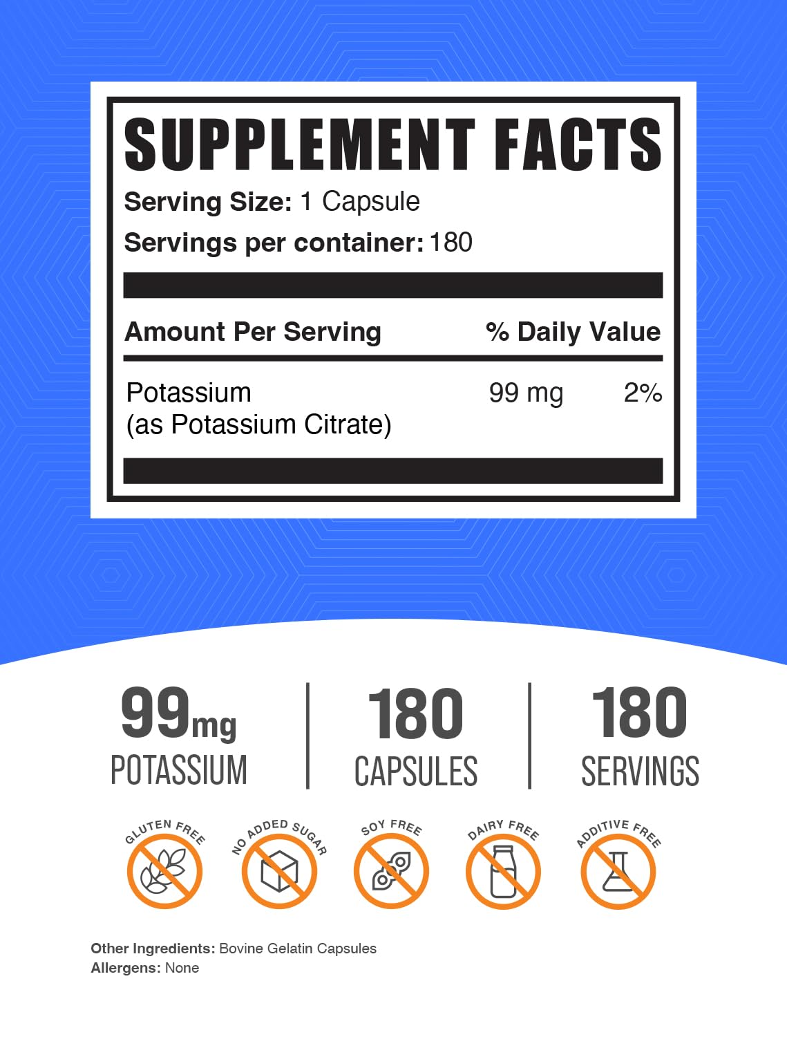 BulkSupplements.com Potassium Citrate Capsules - Mineral Supplement, Potassium Citrate 99mg - Gluten Free, 1 Capsule per Serving, 500 Count (Pack of 1)