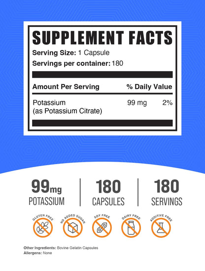 BulkSupplements.com Potassium Citrate Capsules - Mineral Supplement, Potassium Citrate 99mg - Gluten Free, 1 Capsule per Serving, 500 Count (Pack of 1)