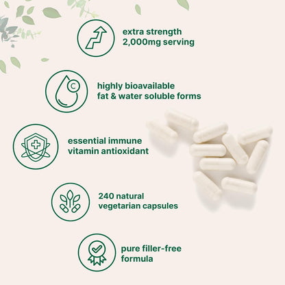 Pure Vitamin C 2,000mg, 240 Veggie Capsules | Highly Bioavailable Fat & Water Soluble Forms | Max Potency | Antioxidant & Immune Support Supplement | Easily Absorbed, Non-GMO, Filler Free