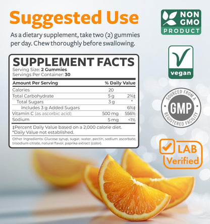 Vegan Vitamin C Gummies for Adults - Immune Support Gummies with Chewable Vitamin C 500mg per Serving for Daily and Seasonal Wellness - High Potency Non-GMO Formula - Orange Flavor (1 Month Supply)