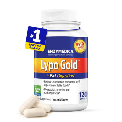 Enzymedica Lypo Gold - Protease, Amylase & Lipase Digestive Enzymes for Women & Men, Enzyme Supplement for Fat Digestion, Gut Health & Gallbladder Support, Helps Gas & Bloating, Gluten Free - 60 Caps