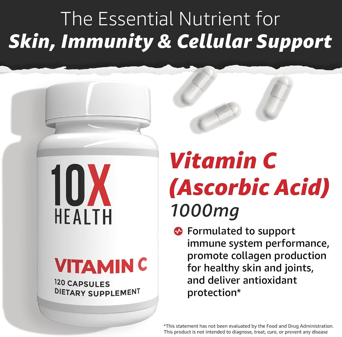 10X Health Vitamin C 1000mg - 120 Capsules | Ascorbic Acid: 1000mg Vitamin C, Immunity & Collagen Support, Non-GMO, 120ct