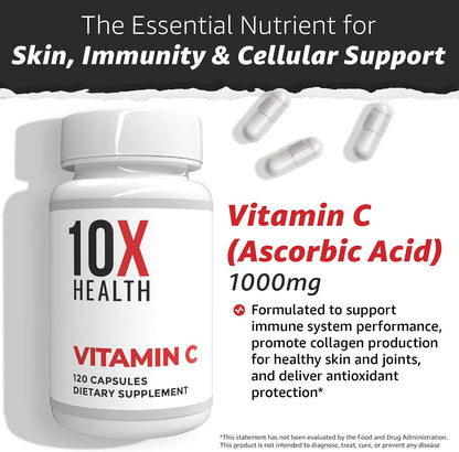 10X Health Vitamin C 1000mg - 120 Capsules | Ascorbic Acid: 1000mg Vitamin C, Immunity & Collagen Support, Non-GMO, 120ct