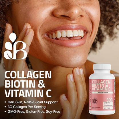 Bronson Collagen Peptides 3000mg with Biotin & Vitamin C, 90 Tablets | Hair, Skin & Nails Support, 3g Collagen per Serving, Non-GMO, Gluten-Free, Soy-Free