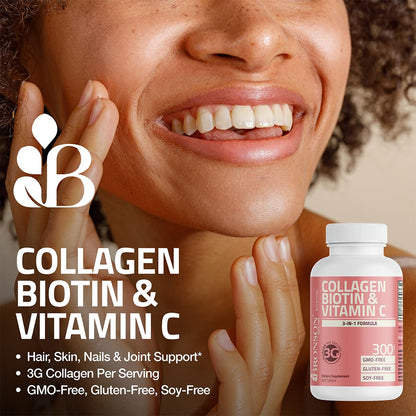 Bronson Collagen Peptides 3000mg with Biotin & Vitamin C, 90 Tablets | Hair, Skin & Nails Support, 3g Collagen per Serving, Non-GMO, Gluten-Free, Soy-Free