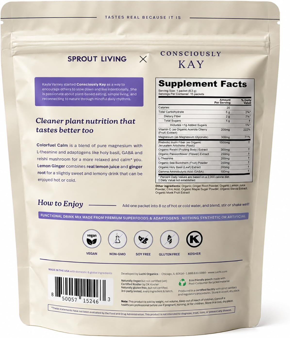 Colorfuel Calm Magnesium Powder Mix for Sleep & Stress | L-Theanine, GABA, Passionflower, Vitamin C, Lemon Ginger Flavor (15 Stick Packs)