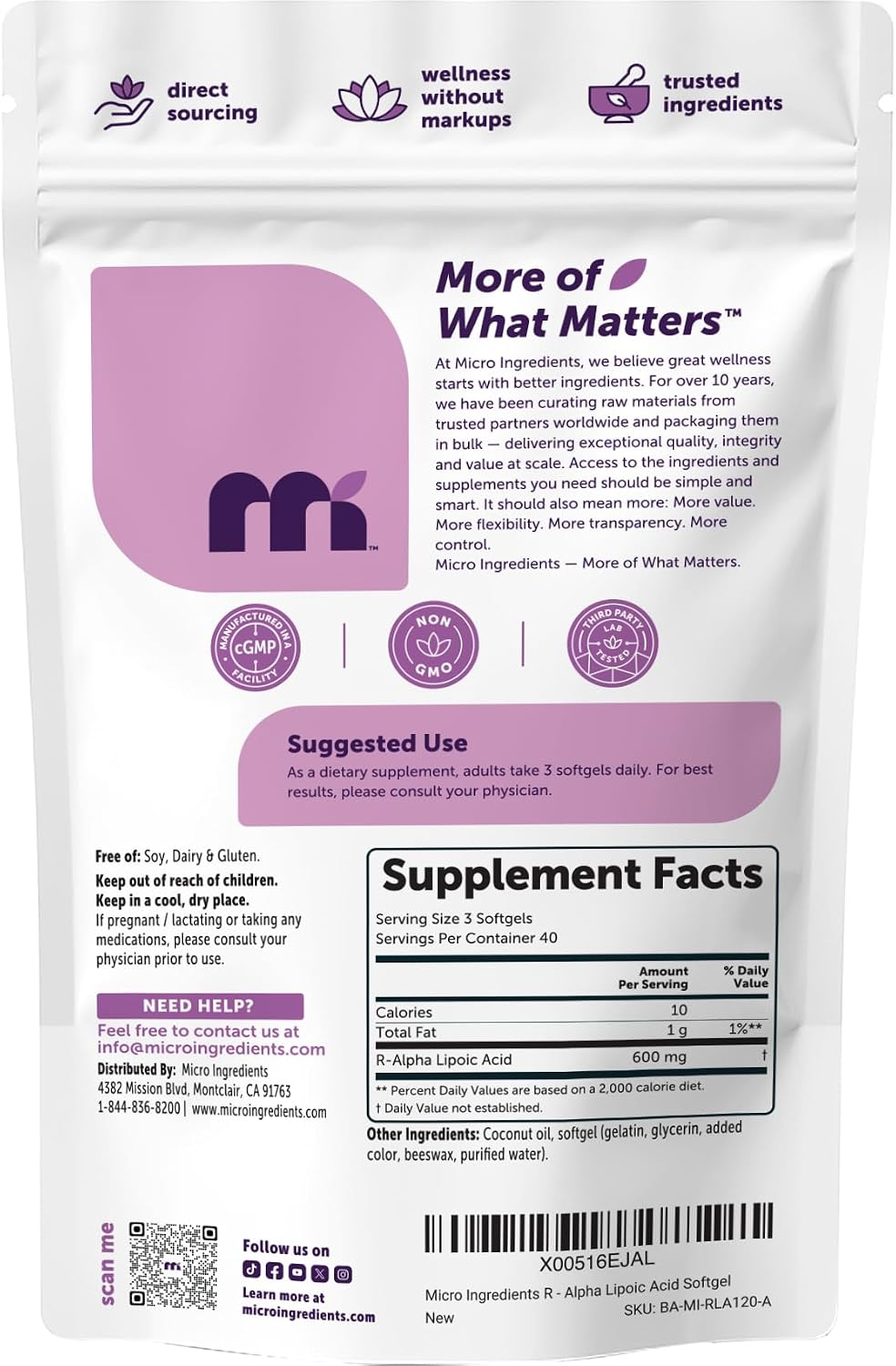 Micro Ingredients R Alpha Lipoic Acid 600 mg Per Serving, 120 Softgels | Active R-Isomer with Coconut Oil | ALA Supplement | Non-GMO, Gluten Free, No Soy